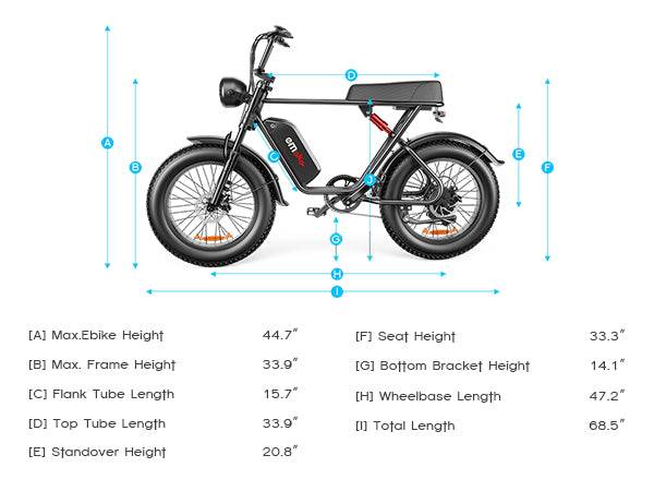 Measurement chart of an electric bike with dimensions labeled