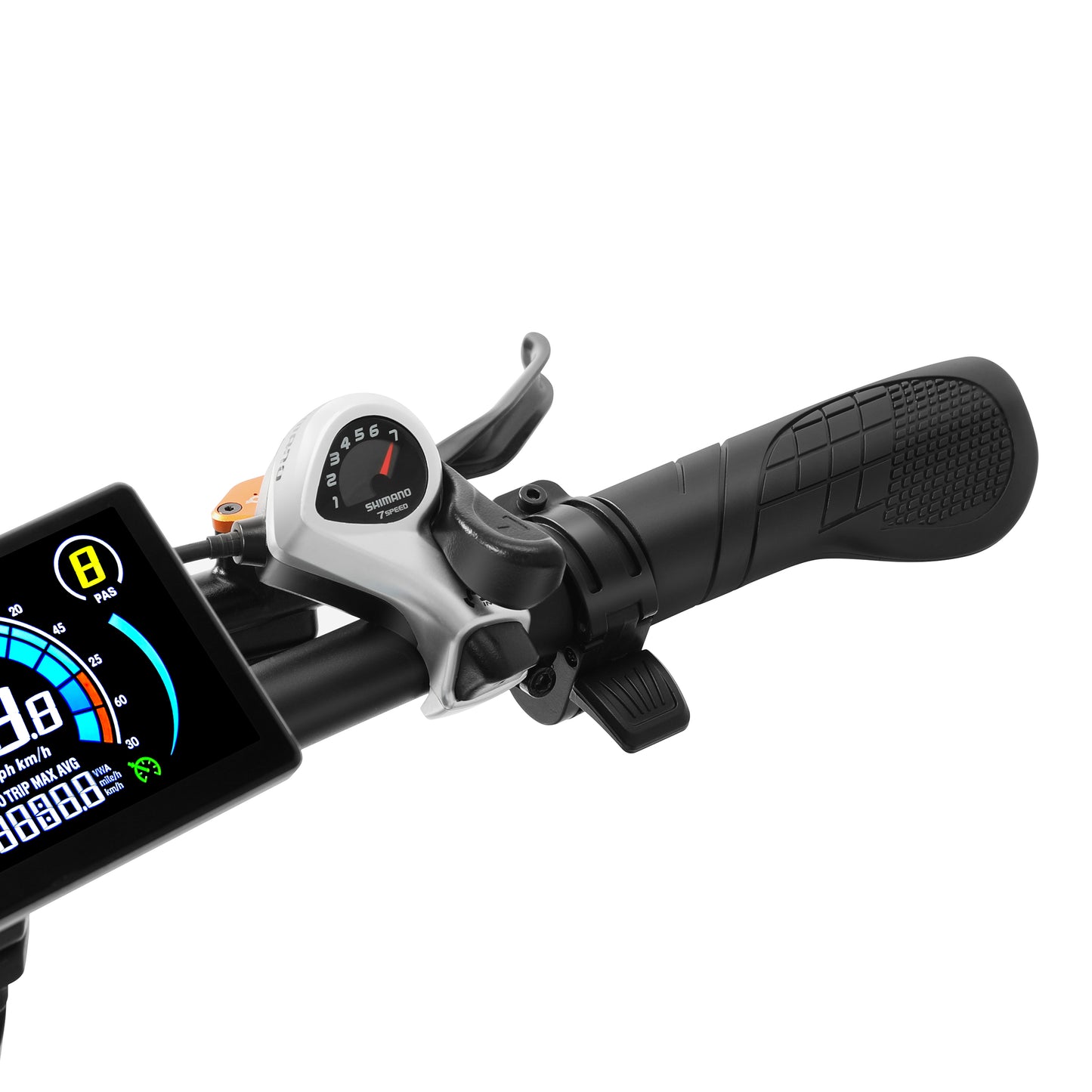 Close-up of a scooter handlebar with digital display and throttle control on a white background