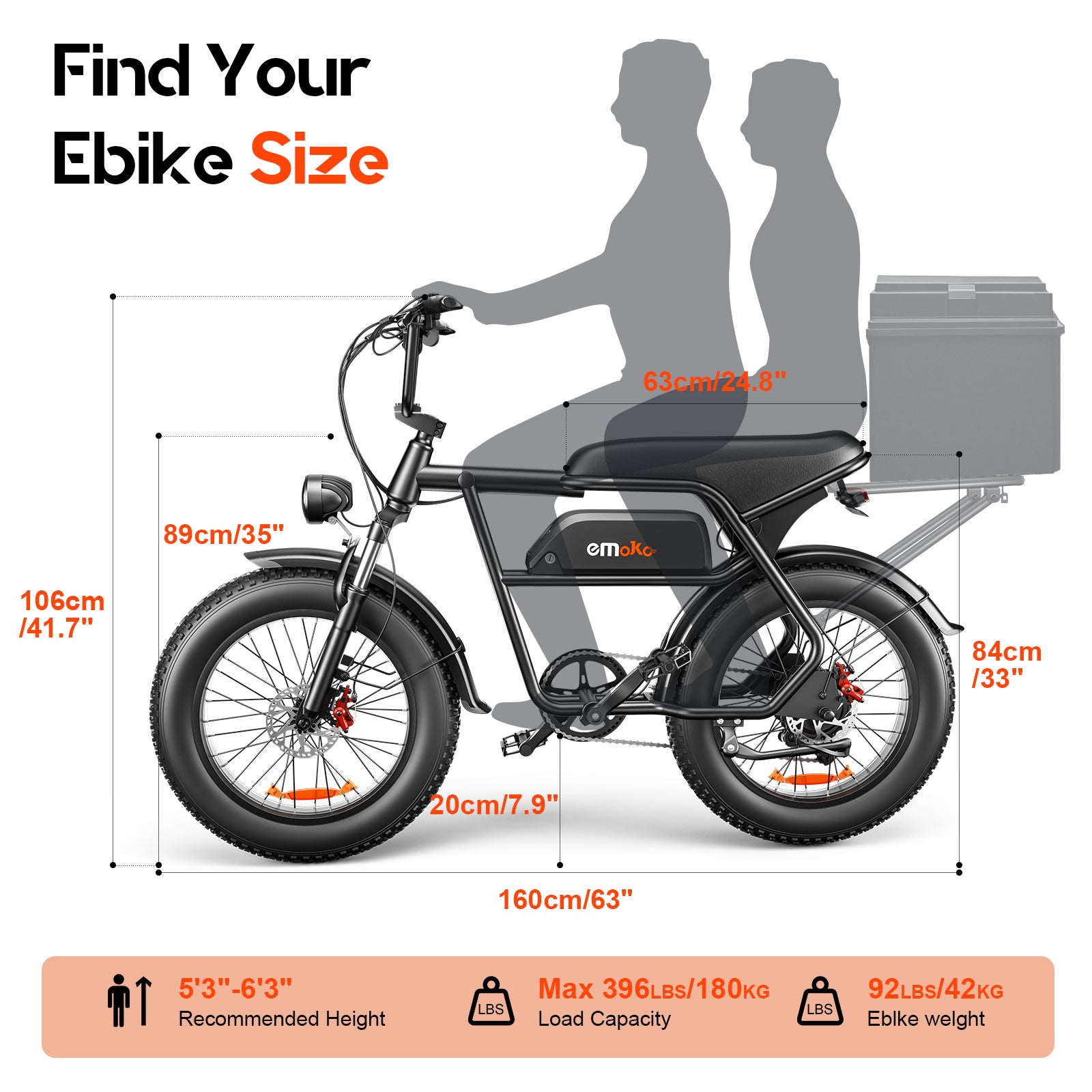 E-bike size chart with dimensions and recommended height for a 5'3" to 6'3" user. emoko C99