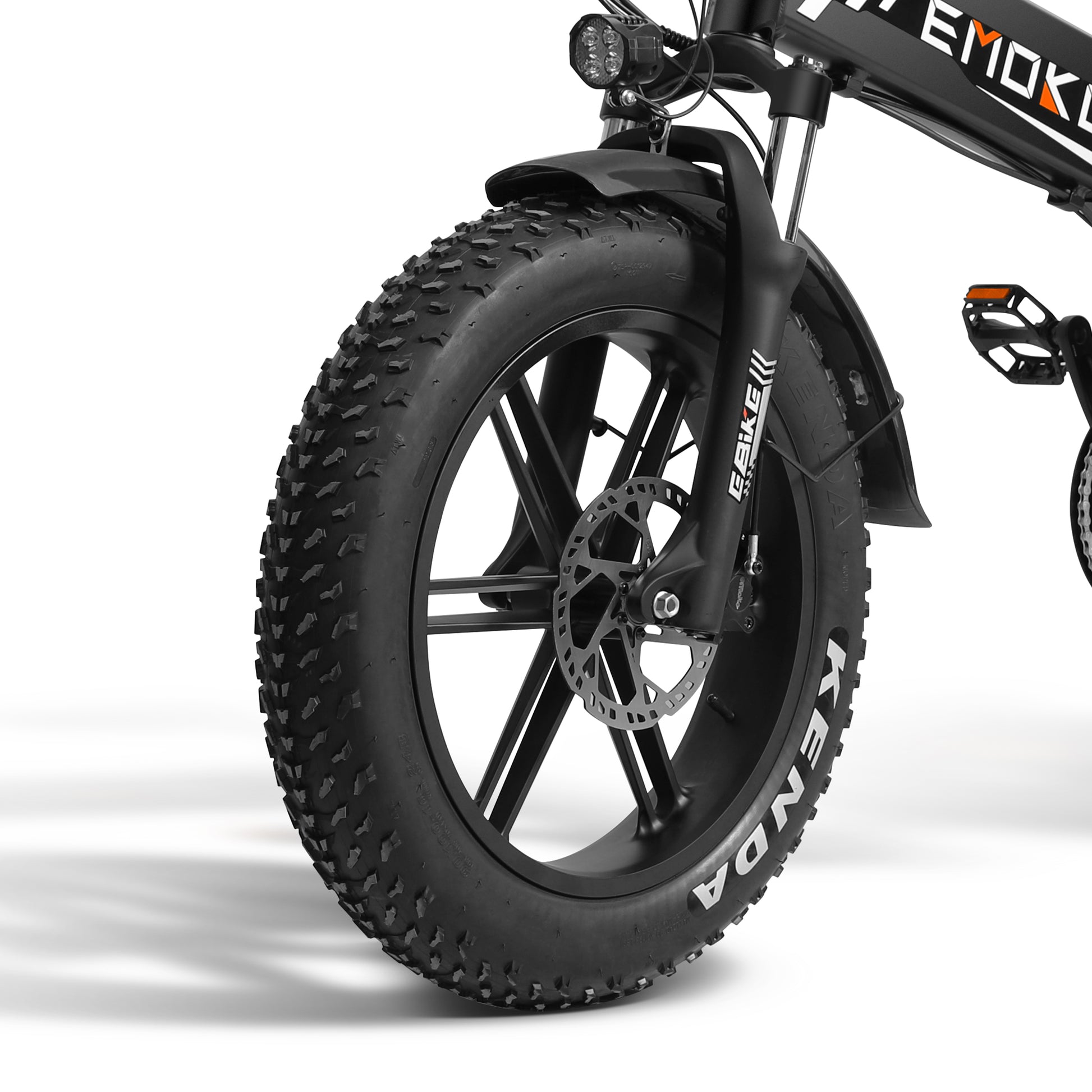 Close-up of a black electric bike wheel with 'Emok' branding on a white background