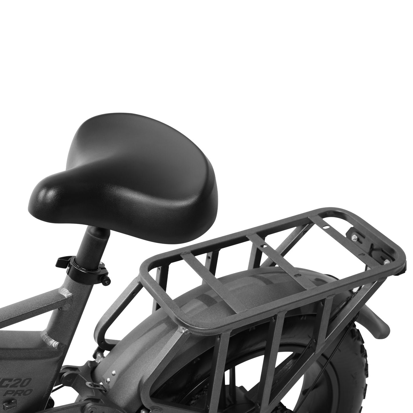Black bicycle seat and rear rack on a white background