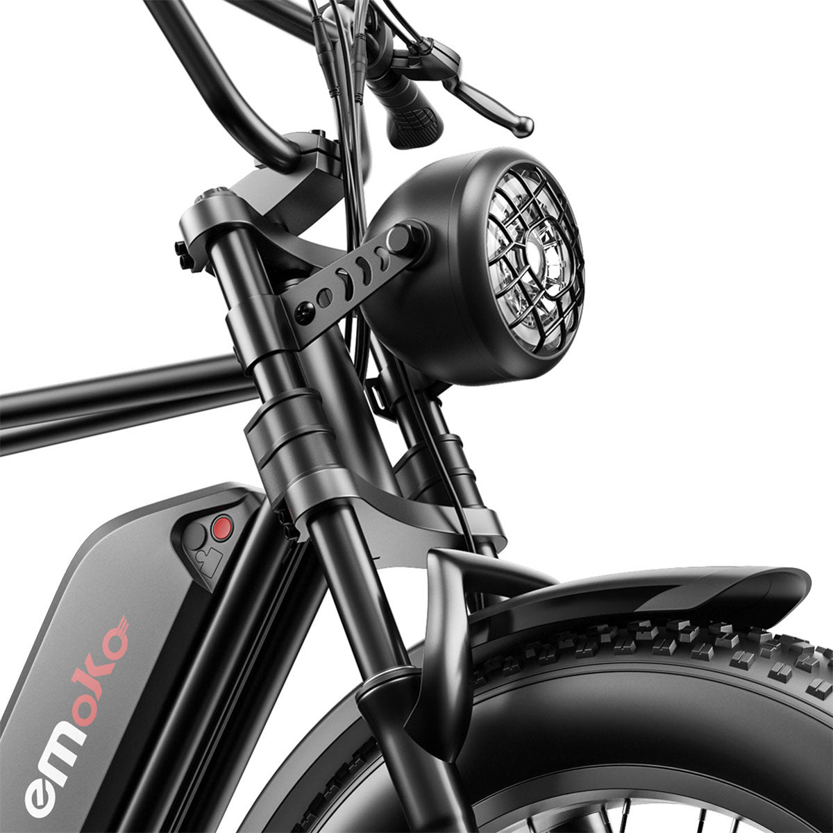 Close-up of a black electric bike with a headlight and 'emoka' branding on a white background - emoko front light c91