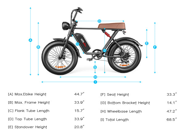 Electric bike with dimensions labeled on a white background c1 emoko