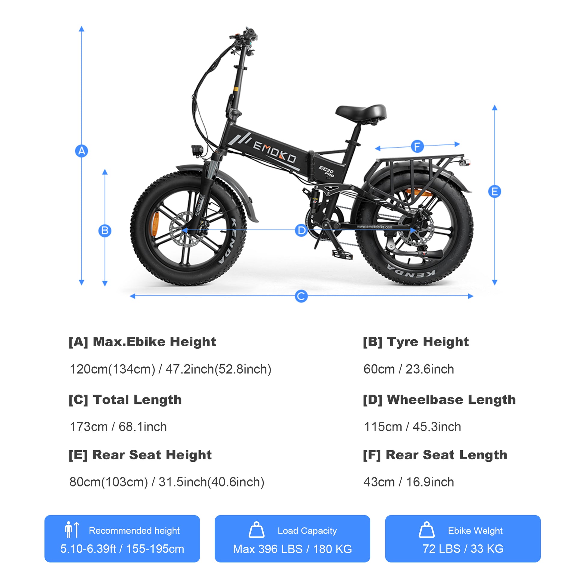 E-bike with dimensions labeled on a white background